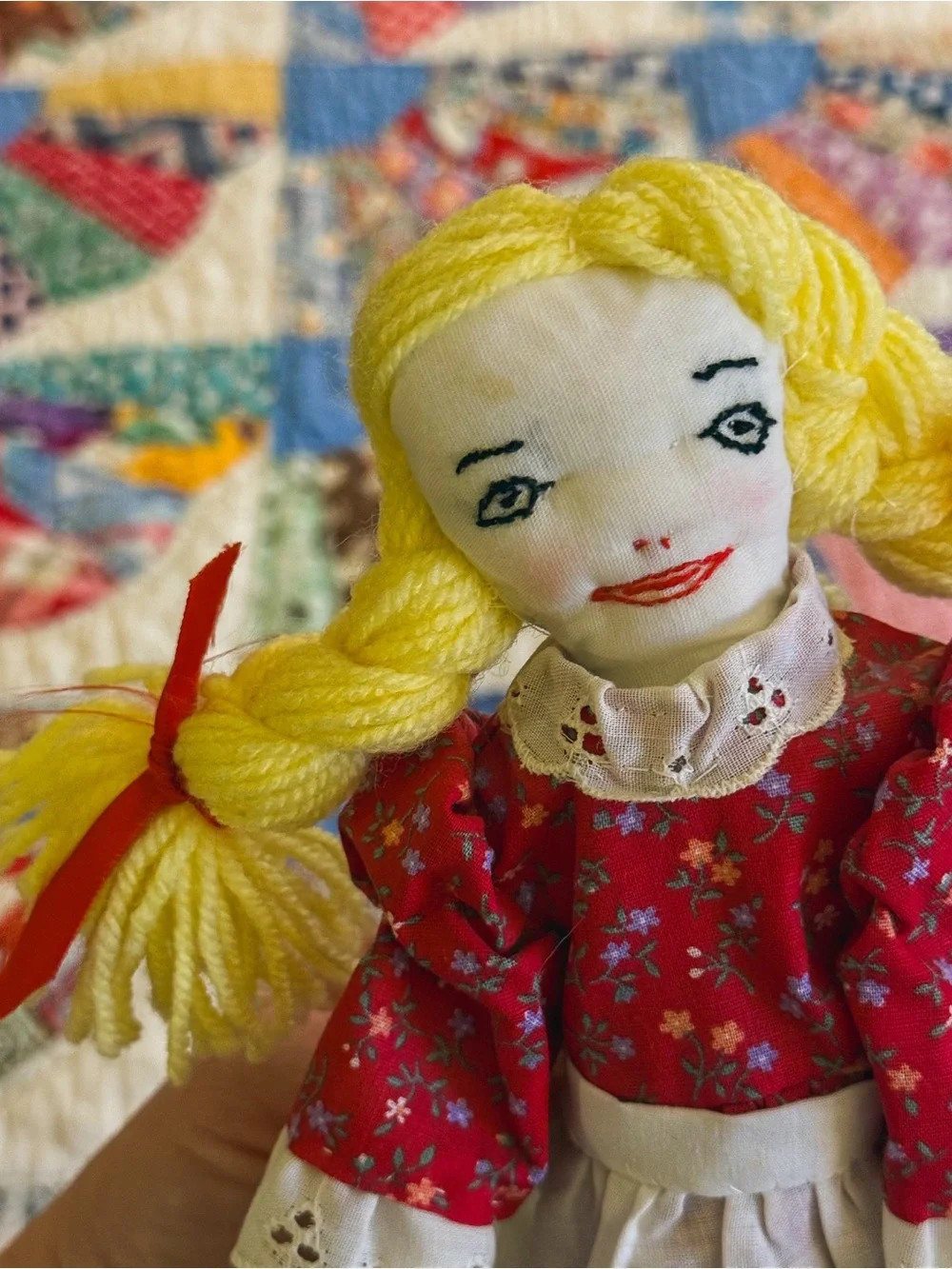 Handcrafted Vintage Yellow-Haired Rag Doll in Red Dress - Kids Toy
